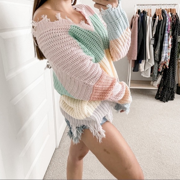 Miracle Destroyed Hem Color block V Neck Sweater sz Small Medium pink green blue - Picture 3 of 14